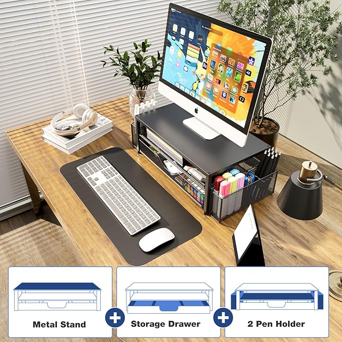 Desk Organizers and Accessories, 2-Tier Computer Monitor Stand for Desk Organizer with Drawer and 2 Pen Holders, Office Desk Accessories Workspace Desktop Organizers for Office Supplies, Black