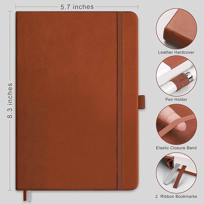 RETTACY Journaling Notebooks, A5 Lined Journal Notebook with 192 Numbered Pages, 5.7'' × 8.3'' Medium Size, for Writing, Work, Office, Leather Hardcover, 100 GSM Thick Paper (Brown)