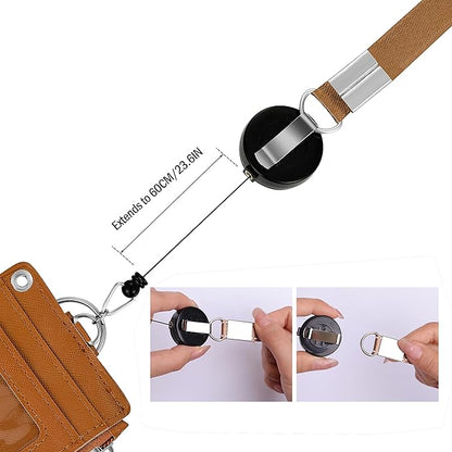 Cute ID Badge Holder Retractable Lanyard Reel Clip with Heavy Duty Carabiner, 5 Card Slots in 2 Sided with Key Ring and Zipper for Women Students Teens Girls Office Staff (Brown Duffy)