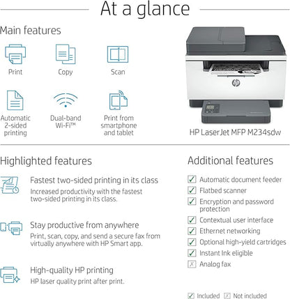 HP Laserjet MFP M234sdw Wireless Monochrome All-in-One Printer with Built-in Ethernet & Fast 2-Sided Printing, Instant Ink Ready (6GX01F) (Renewed)