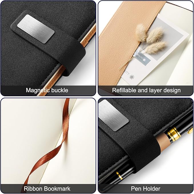 A5 Blank Journal Notebook, Refillable Hardcover Leather Sketchbook with Pocket and Magnetic Buckle, 240 Pages Thick Travel Sketchbooks for Drawing and Writing, 80gsm Unlined Journal for Men and Women