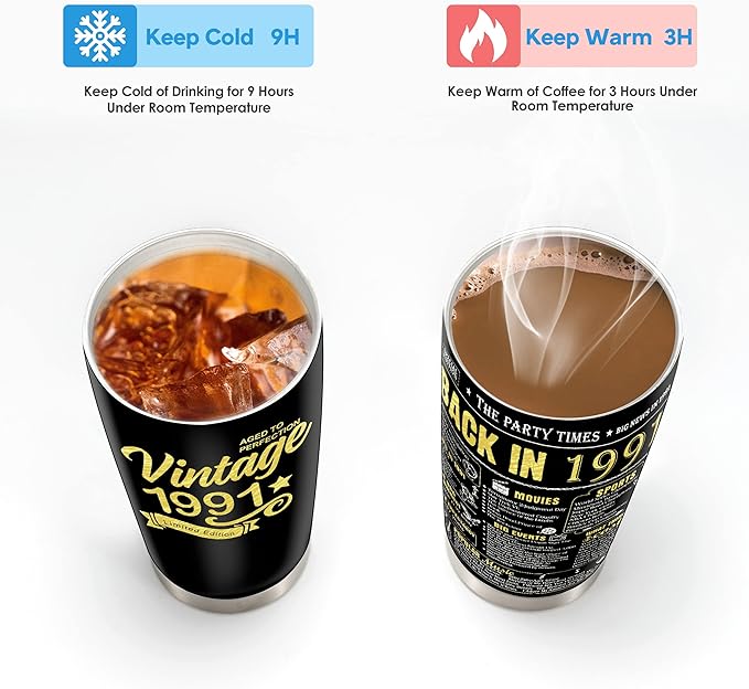 Happy 33th Birthday Tumblers Gifts for Men Women, Back in 1991 Stainless Steel Tumblers Gifts, 1991 33 Years Old Birthday Gift For Wife Husband Mom Dad