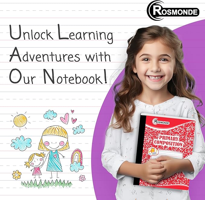 Composition Notebooks Primary Ruled 50 Pack, 200 Pages (100 Sheets), Color Marble Composition Notebook, Sewn Binding Hard Cover, Primary Composition Notebook for Kids, Writing Dotted Lined