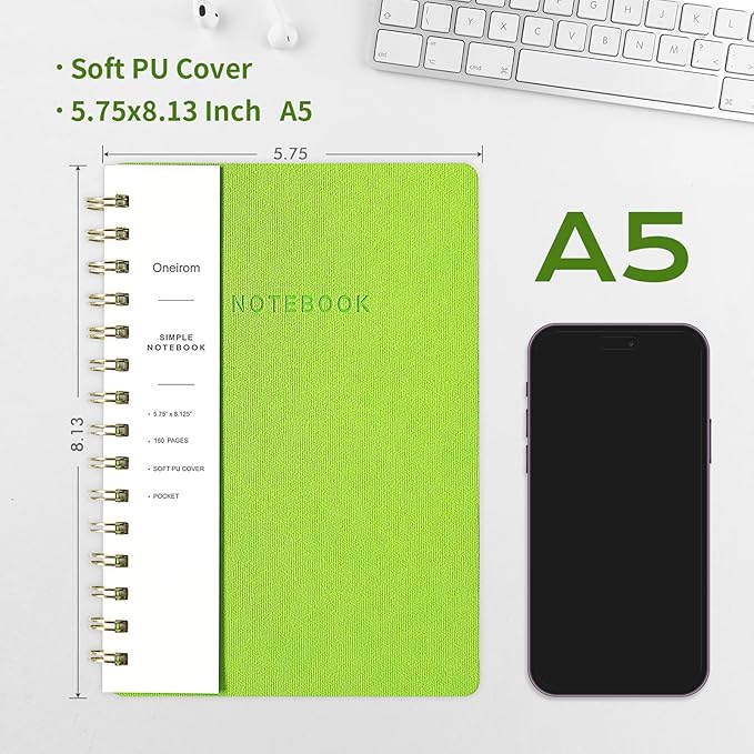 Lined Spiral Notebook College Ruled A5 Journal Book for Note Taking, 160 Pages Writing Journal for Office and Home School Supplies 5.75x8.125 inch - Light Green