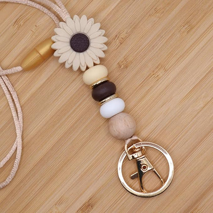 Flower Teacher Lanyards ID Badge and Key Chain, Cute Silicone Beads Lanyard for Women Nurse Work Student (Mocha)