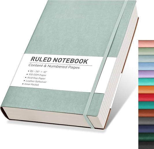 RETTACY Journaling Notebooks, B5 Lined Journal Notebook with 320 Numbered Pages, 7.6" × 10", Medium, Journal Notebook for Writing, Work, School, Leather Softcover, 100 GSM Thick Paper (Blue-gray)