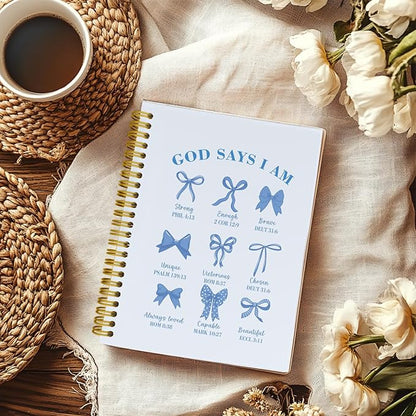 Coquette Blue Bows Bible Notebook,Aesthetic Composition Notebook, God Says I Am Christian Scripture Prayer Journal for Women, Positive Hardcover Spiral Notebooks College Ruled 5.5 x 8.3 (Blue)