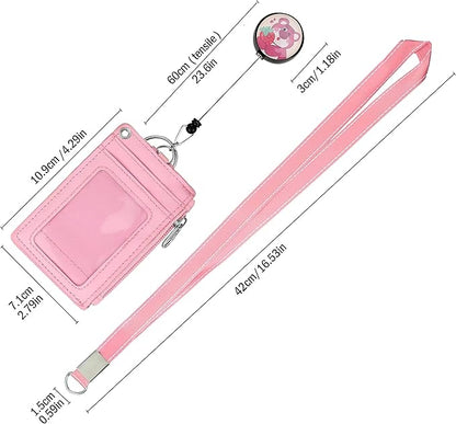 Cute ID Badge Holder Retractable Lanyard Reel Clip with Heavy Duty Carabiner, 5 Card Slots in 2 Sided with Key Ring and Zipper for Students Teens Boys Girls Office Staff Women (Red Bear)