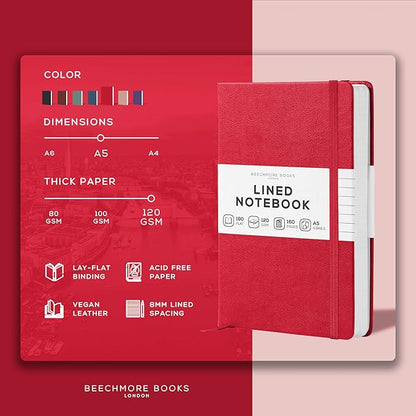 BEECHMORE BOOKS Lined Journal Notebook, 5.8 x 8.3 inch, A5 160 Lined Pages, Hardcover Leather Journals for Women, Men, Writing and Notebooks for Work - 120 GSM Thick Paper, Gifts Box Included
