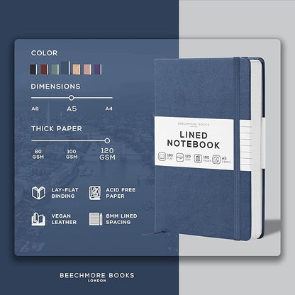 BEECHMORE BOOKS Lined Journal Notebook, 5.8 x 8.3 inch, A5 160 Lined Pages, Hardcover Leather Journals for Women, Men, Writing and Notebooks for Work - 120 GSM Thick Paper, Gifts Box Included