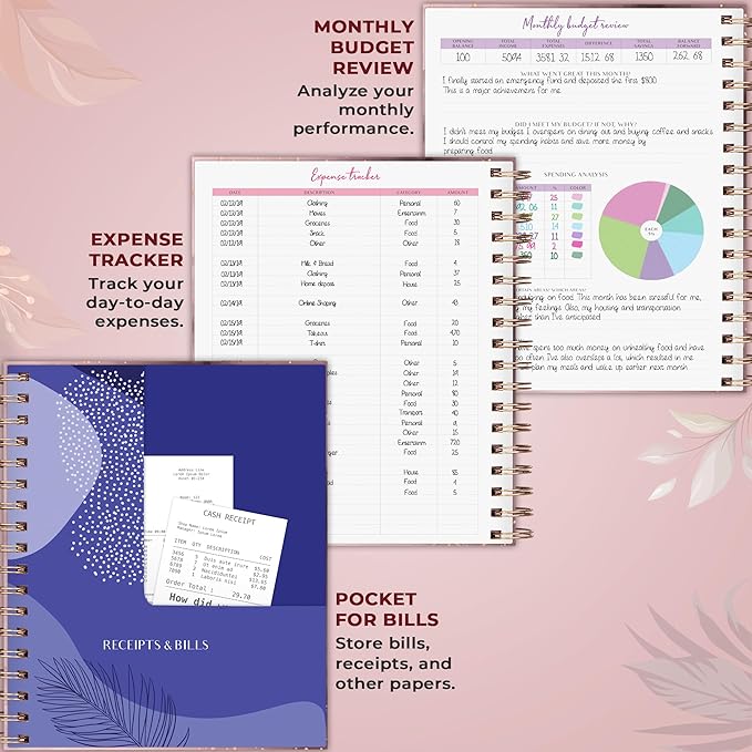 PLANBERRY Large Budget Planner & Monthly Bill Organizer with Pockets – Budgeting Book, Finance & Expense Tracker, 8.3x9.4″ (Rose Gold)