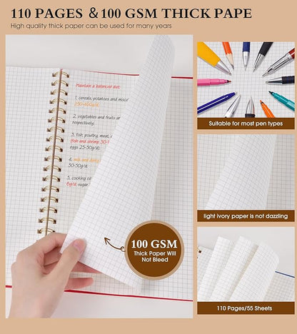 Graph Paper Notebook, Spiral Notebook Journal 8.5” x 11”, A4 Large Grid Notebooks for Women Men, 100 GSM Graph Paper, Plastic Hardcover Spiral Graphing Journals for Work School Engineerin, Red
