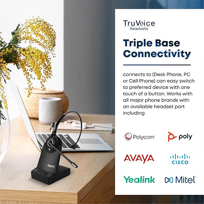 TruVoice AW70 DECT 3-in1 Wireless NC Headset with EHS for Remote Answer - Compatible with Cisco Phones 6945 7821 7841 7861 7942G 7945G 7962G 7965G 7975G 8841 8851 8861 and Computer and Cell Phones
