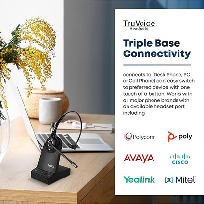 TruVoice AW70 DECT 3-in1 Wireless NC Headset with EHS for Remote Answer - Compatible with Cisco Phones 6945 7821 7841 7861 7942G 7945G 7962G 7965G 7975G 8841 8851 8861 and Computer and Cell Phones