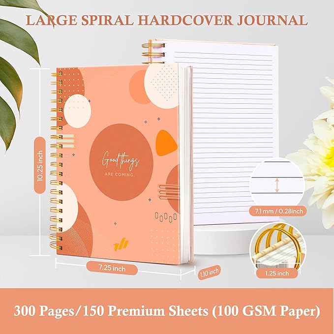 Hardcover Spiral Journal, 10.25" x 7.25", 300-Page Large College-Ruled Notebook for Women, Ideal for Writing, Journaling, Note-Taking, Work, School