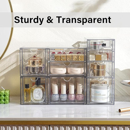 Prsildan Acrylic Drawer Makeup Organizer with 9 Drawers, Set of 3 Office Desk Organizers Accessories, Clear Stackable Storage Drawers for Vanity, Countertop, Craft, Jewelry, Art Supply Organization