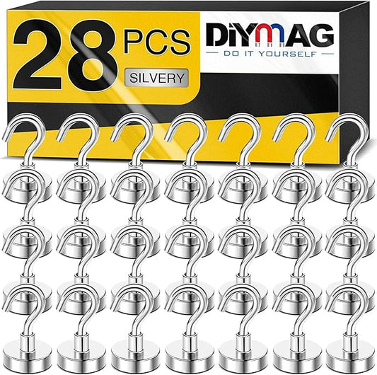 DIYMAG Neodymium 28 Pack Magnetic Hooks, Facilitate Hook for Cruise, Home, Kitchen, Workplace, Office and Garage