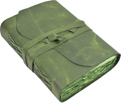 Vintage Green Leather Journal - 200 pages Deckle Edge Rustic Paper - Unlined Pages Book of Shadows, Grimoire, Junk Notebook, Fantasy Medieval Gifts, Sketchbook, Antique Scrapbook (Earthy Green, 7"x5")