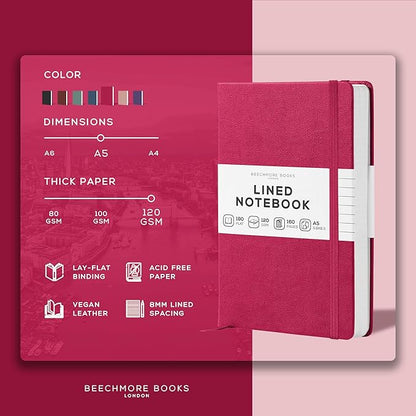 BEECHMORE BOOKS Lined Journal Notebook, 5.8 x 8.3 inch, A5 160 Lined Pages, Hardcover Leather Journals for Women, Men, Writing and Notebooks for Work - 120 GSM Thick Paper, Gifts Box Included
