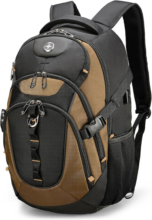 Swissdigital Design Large Business Laptop Backpack with Smart USB Charging Port, Travel Backpack Fits 15.6 inches laptops, Water Repellent College Backpack for Men Women (VECTOR SD803-34 Tan/Black)