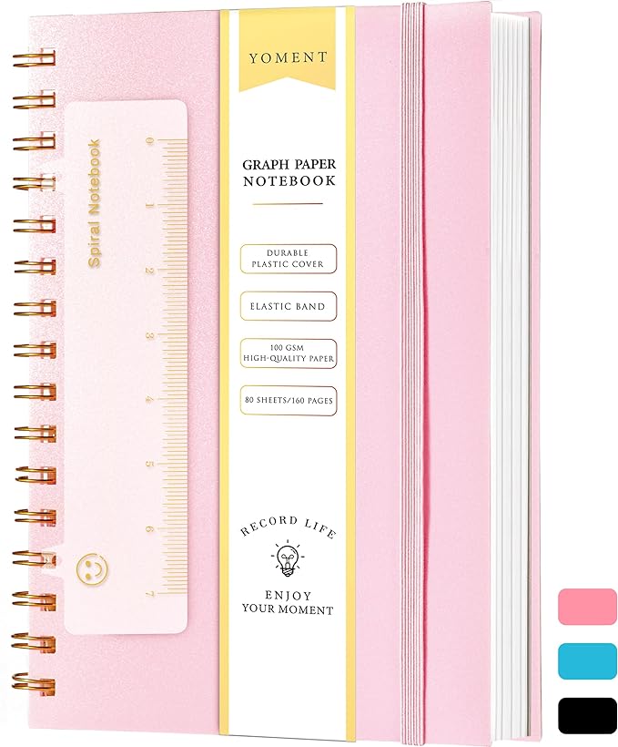 Yoment Graph Paper Notebook A5 Graphing Spiral Notebook 160 Pages Grid Paper Notebook Spiral Bound Pink Hardcover Spiral Journal 5x7 Grid Notebooks for Note Taking, Pink