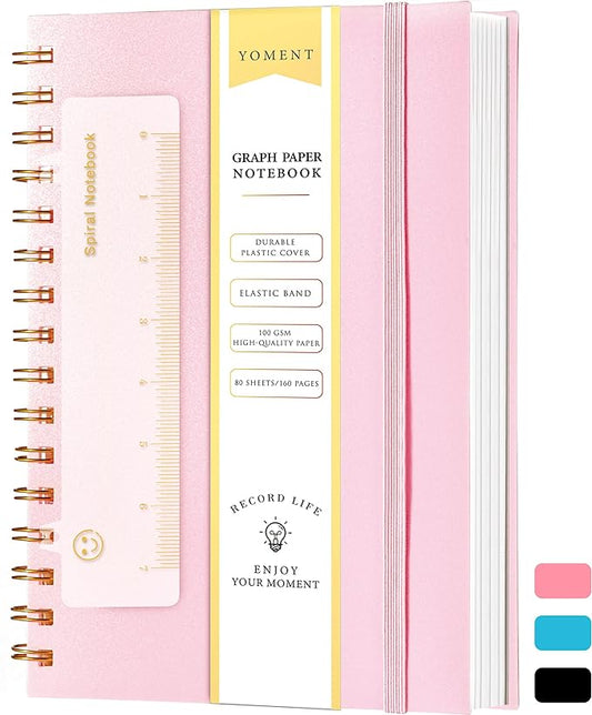 Yoment Graph Paper Notebook A5 Graphing Spiral Notebook 160 Pages Grid Paper Notebook Spiral Bound Pink Hardcover Spiral Journal 5x7 Grid Notebooks for Note Taking, Pink