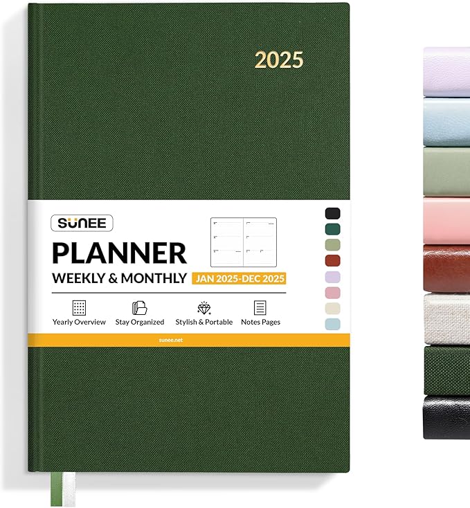 SUNEE 2025 Weekly & Monthly Hardcover Planner 5.5" x 8.3" - 12 Month (January 2025 - December 2025), Small Hardcover Planner, Pocket, Notes, 100 GSM Paper, Deep Green