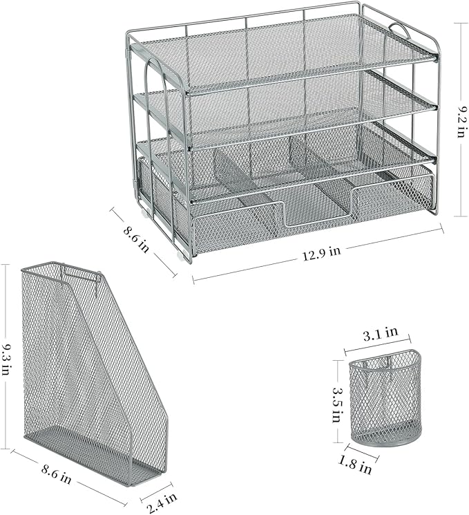 gianotter Paper Organizer with File Holder for Desk, 4 Tier Letter Tray Office Desk Organizers and Accessories - Workspace Drawer 2 Pen Supplies (Grey), Gray, 4T-2