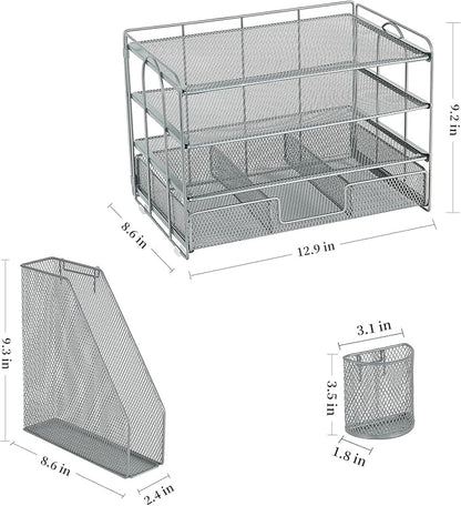 gianotter Paper Organizer with File Holder for Desk, 4 Tier Letter Tray Office Desk Organizers and Accessories - Workspace Drawer 2 Pen Supplies (Grey), Gray, 4T-2