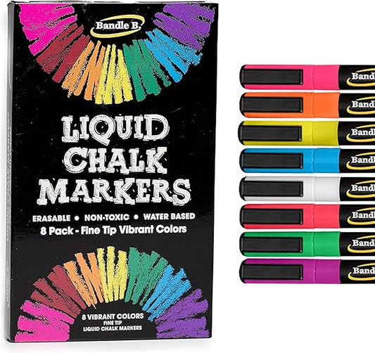 Chalk Markers - 8 Vibrant Fine Tip, Erasable, Non-Toxic, Water-Based, For Kids and Grown-Ups for Glass or Chalkboard Markers for Businesses, Restaurants, Liquid Chalk Markers (Vibrant 1mm)