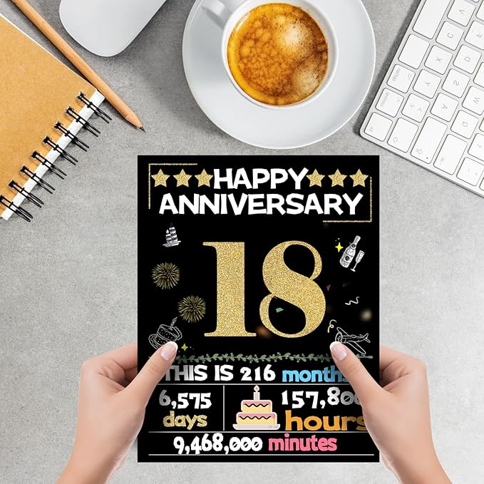 Joycard 18th Anniversary Card for Women Men, Gold Wedding Card for Wife Husband, Sweet Marriage Decorations Gifts for Couple, Perfect for Her Him on Anniversary Day, Back in 2007