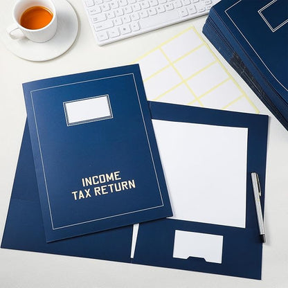 Kisston 100 Pcs Tax Return Folders Bulk 2 Pocket Gold Foil Stamped Income Tax Folders with Blank Labels Business File Office Organizer (Blue)