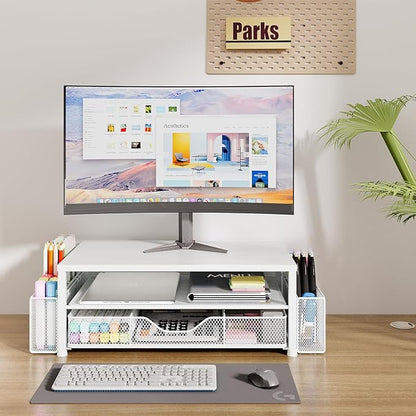 Desk Organizers and Accessories, 2-Tier Computer Monitor Stand for Desk Organizer with Drawer and 2 Pen Holders, Office Desk Accessories Workspace Desktop Organizers for Office Supplies, White