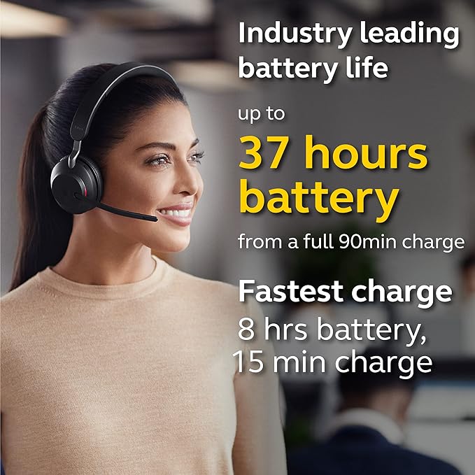 Jabra Evolve2 65 MS Wireless Headset with Link380c, Mono, Black – Wireless Bluetooth Headset for Calls and Music, 37 Hours of Battery Life, Passive Noise Cancelling Headphones
