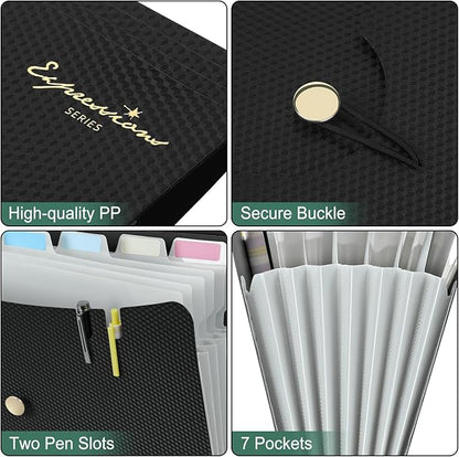Sooez 7 Pocket Expanding File Folder, Premium Accordion File Organizer with Bungee Closure, Letter Size Folders for Documents, Portable Filing Folders for School Office Supplies, Black