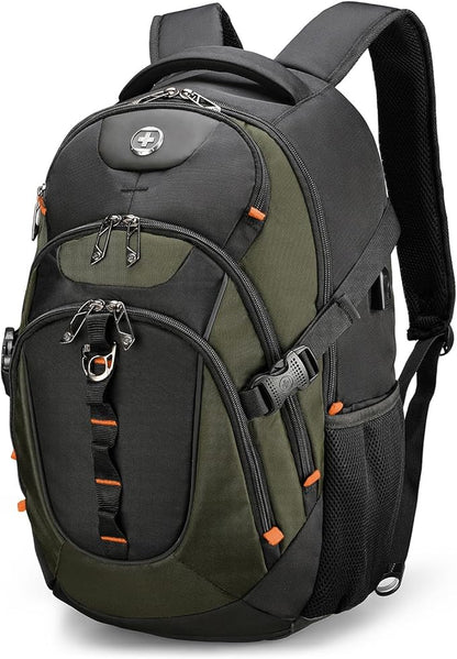 Swissdigital Design Large Business Laptop Backpack with Smart USB Charging Port, Travel Backpack Fits 15.6 inches laptops, Water Repellent College Backpack for Men Women (VECTOR SD803-26 Olive/Black)