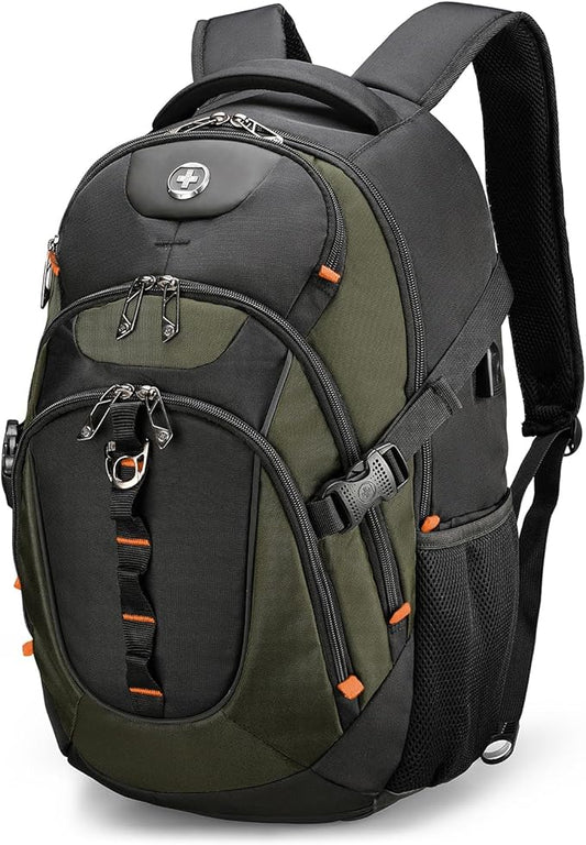 Swissdigital Design Large Business Laptop Backpack with Smart USB Charging Port, Travel Backpack Fits 15.6 inches laptops, Water Repellent College Backpack for Men Women (VECTOR SD803-26 Olive/Black)