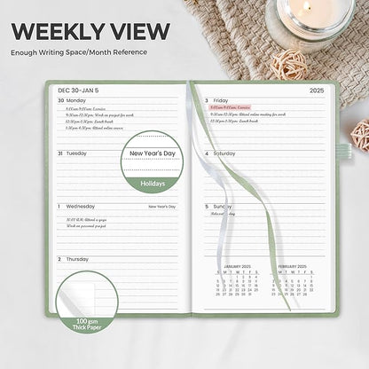 SUNEE 2025 Pocket Weekly Planner for Purse 3.5" x 6" - 12 Month (January 2025 - December 2025), Pocket Size Planner, Hardcover, Notes, Pocket, 100 GSM Paper, Sage Green