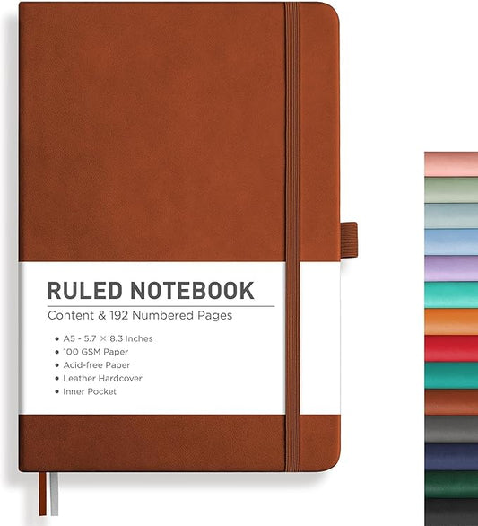 RETTACY Journaling Notebooks, A5 Lined Journal Notebook with 192 Numbered Pages, 5.7'' × 8.3'' Medium Size, for Writing, Work, Office, Leather Hardcover, 100 GSM Thick Paper (Brown)