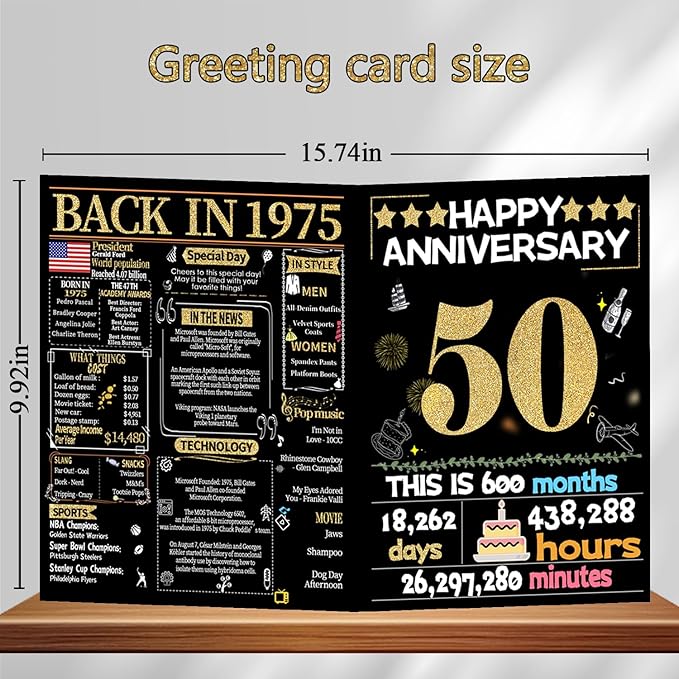Joycard 50th Anniversary Card for Women Men, Gold Wedding Card for Wife Husband, Sweet Marriage Decorations Gifts for Couple, Perfect for Her Him on Anniversary Day, Gold Wedding Card, Back in 1975