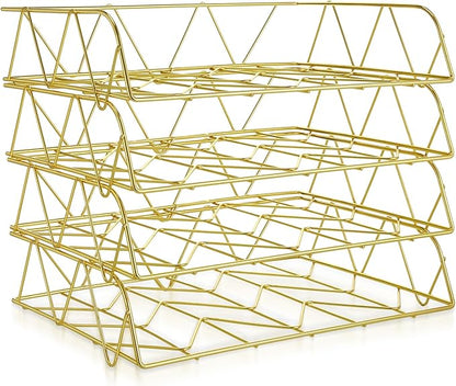 Yeaqee 4 Tier Stackable Paper Tray Gold Desk Organizer Rack Metal Letter Desk File Organizer Horizontal Holder File Trays for Desk Office Desktop Supplies and Accessories
