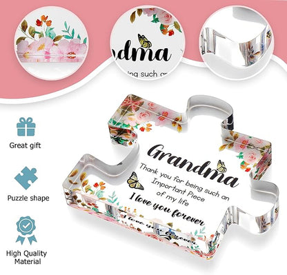 VELENTI Gifts for Grandma - Engraved Acrylic Puzzle Piece - Adorable Grandma Presents for Birthday, Christmas, Thanksgiving Paperweights - Elegant Decorative Plaque with Lovely Quote - Chic Home
