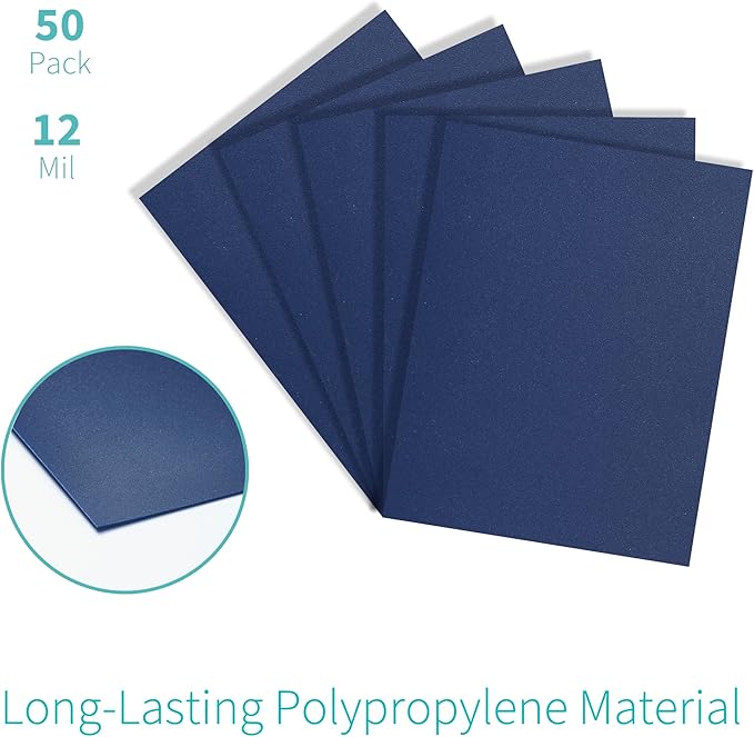 Binditek 50 Pack 12 Mil Sand-Textured Polycover, Midweight Binding Front and Back Covers, Lightly Textured Sand Finish, 8-1/2" x 11", Square Corners, Un-Punched, Navy, Office Supplies