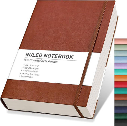 RETTACY Journaling Notebooks, A4 Lined Notebook Journal with 320 Pages, 8.5" × 11", Large Size, Notebook Journal for Work, School, Writing, Leather Softcover, 100 GSM Thick Paper (Brown)