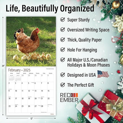 RED EMBER Chickens 2025 Wall Calendar 12 Month | 12" x 24" Open | Thick & Sturdy Paper | Giftable | Calendar 2025