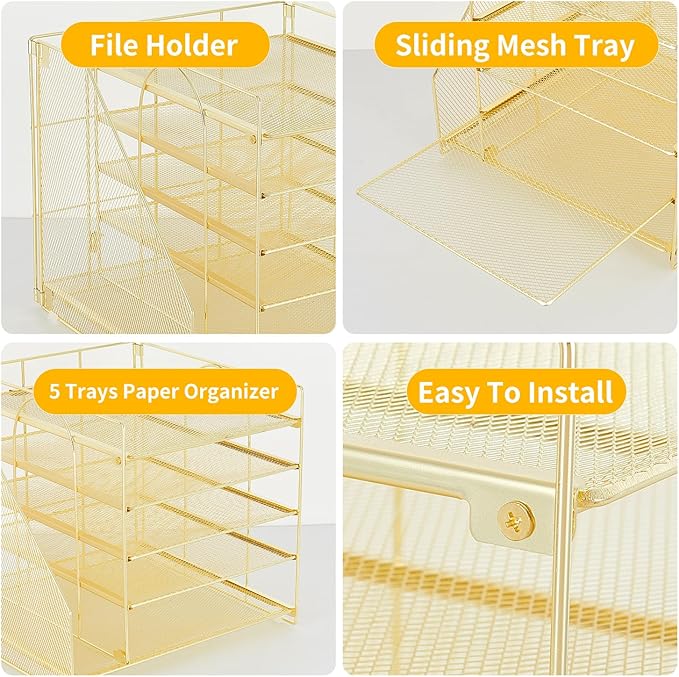 Desk Organizers and Accessories, 5-Tier Paper Letter Tray Organizer with File Holder, Desktop Organizer for Office Supplies, Office Desk Accessories & Workspace (Gold)