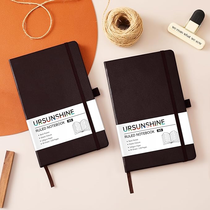 Ruled Notebook/Journal - Classic Lined Journal/Notebook, 5.3'' x 8.26'', Hardcover with Thick Paper, Banded + Pen Holder +Inner Pocket - Brown