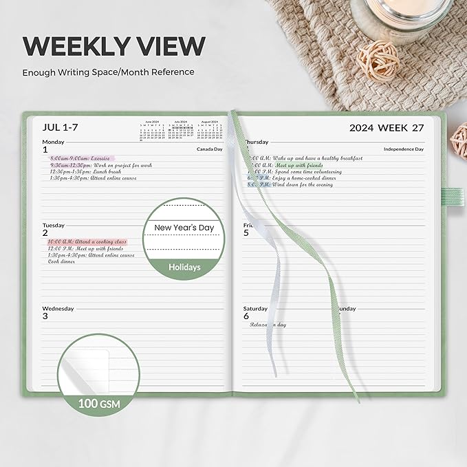 SUNEE 2025 Weekly & Monthly Hardcover Planner 5.5" x 8.3" - 12 Month (January 2025 - December 2025), Small Hardcover Planner, Pocket, Notes, 100 GSM Paper, Sage Green