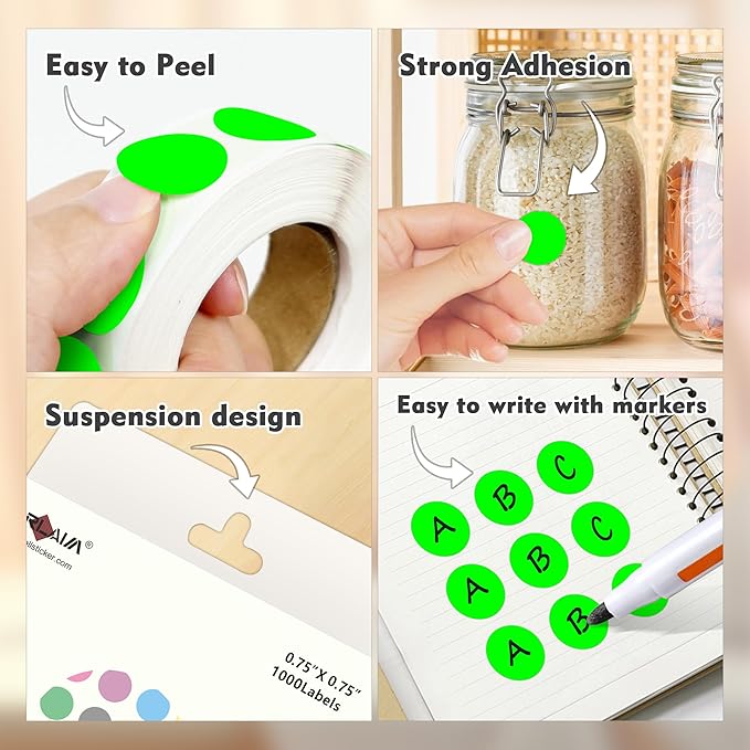 PARLAIM 3/4 Inch Roll Color Coding Labels,4000 per/4 Rolls Round Adhesive Color Coding Circle Dot Stickers for Office Home (Fluorescent Green)