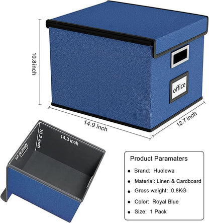 Huolewa Decorative File Organizer Box Office Document Storage with Lid, Portable Collapsible Linen Hanging Filing & Storage Boxes for Office/Decor/Home (Royal Blue) - 14.9 x 12.7 x 10.8 inch - 1Pack